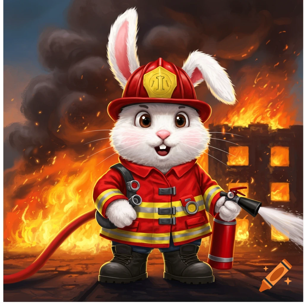 A cute Easter bunny in a firefighter suit holds a fire extinguisher, standing in front of a burning building with heavy smoke.