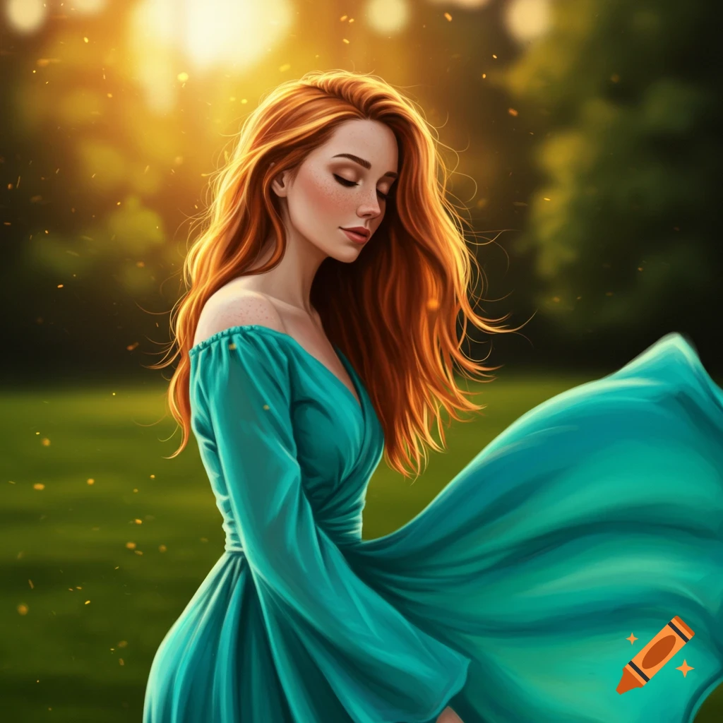 A woman with long red hair wears a teal dress and looks down with bokeh lights in the background.