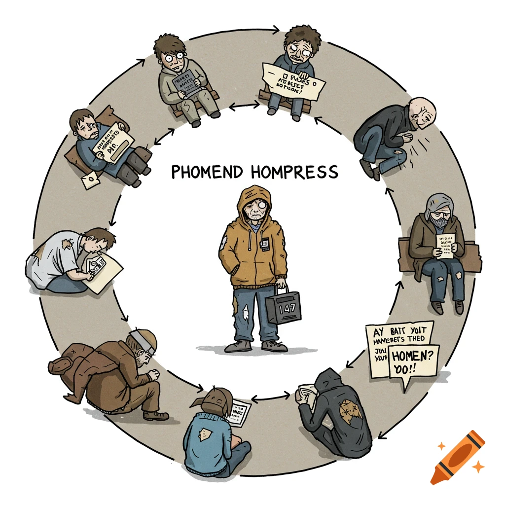 Hand-drawn cycle depicting homelessness, arrest, and job rejection. on ...