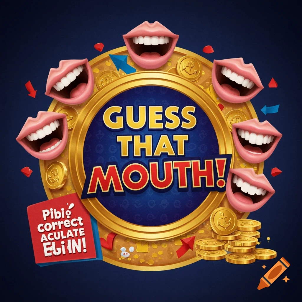 Game show logo with smiling mouths, gold coins, and text 'Guess That Mouth!'