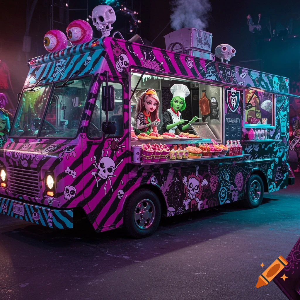 Monster High food truck with skull and eyeball graphics, pink and black stripes, monster chefs serving food.