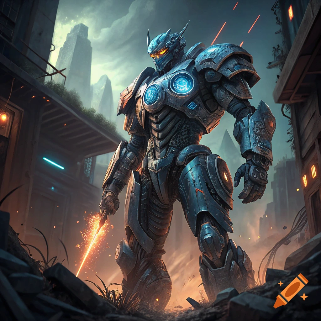 Large armored robot stands in ruined city street holding a glowing sword.