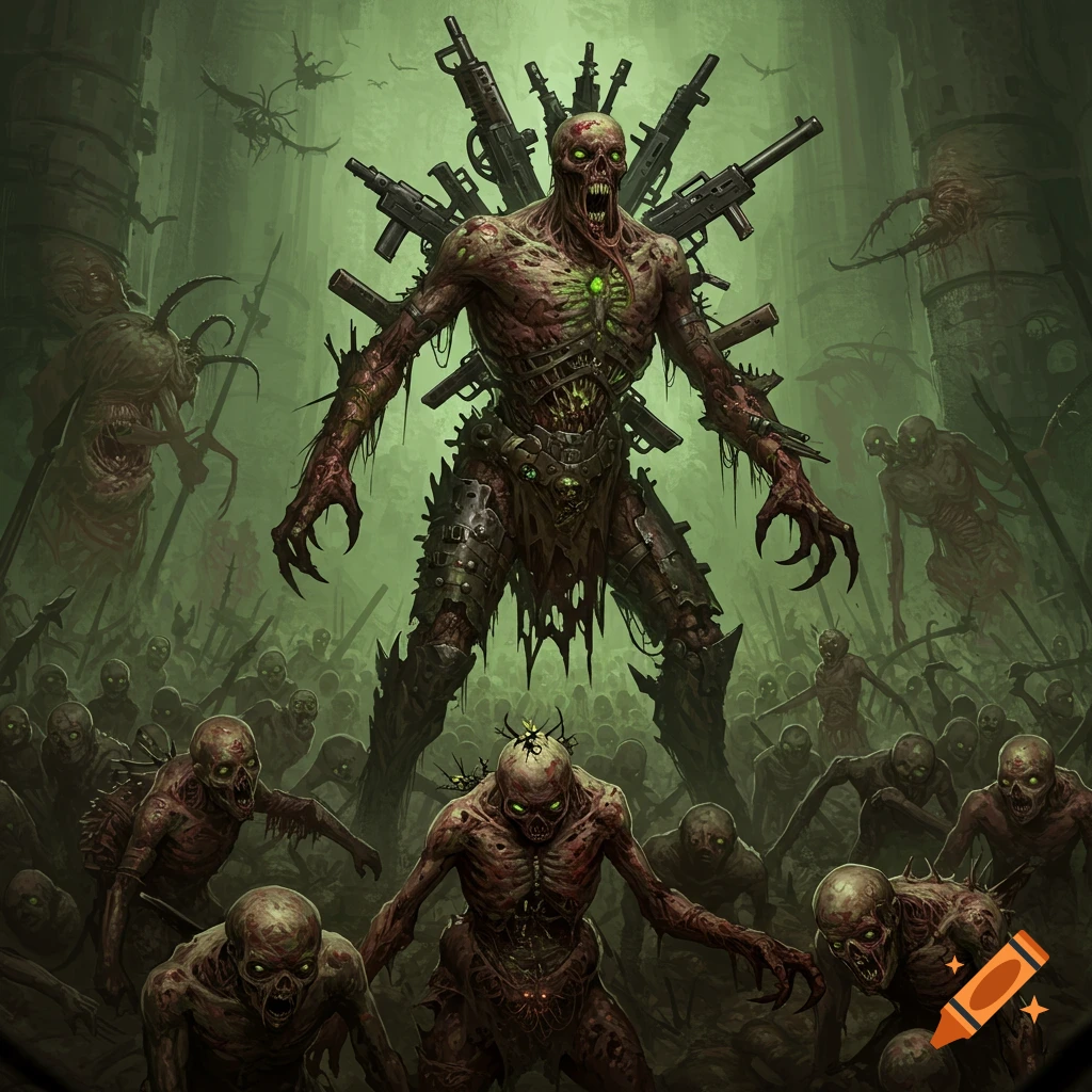 A large grotesque zombie creature with guns leads a legion of zombies in a dark, eerie forest.