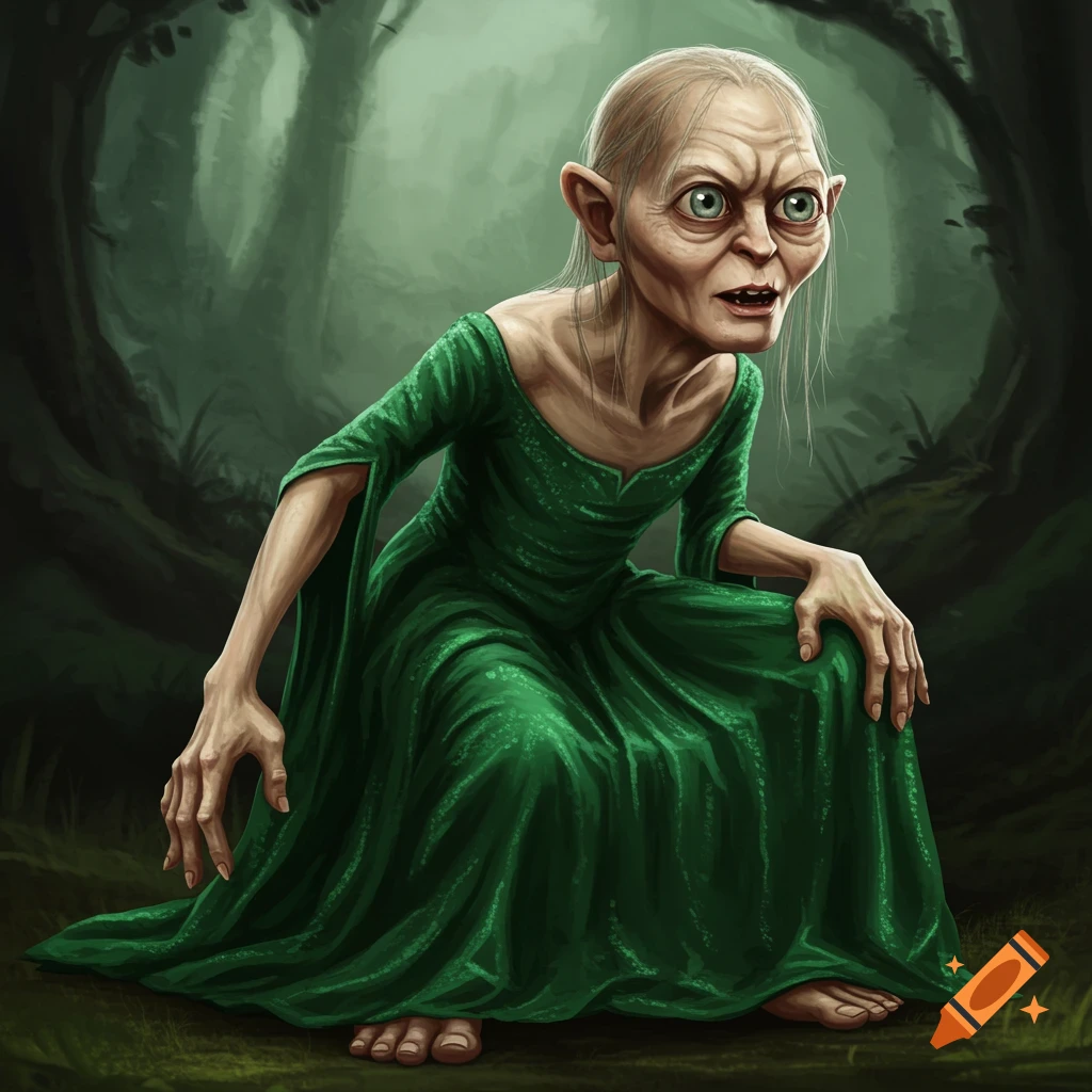 Gollum is wearing a green dress and crouching in a dark forest.