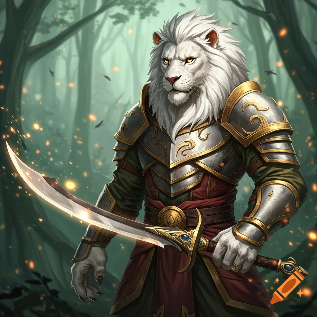 A white lion creature in fantasy armor holds a sword in a forest.