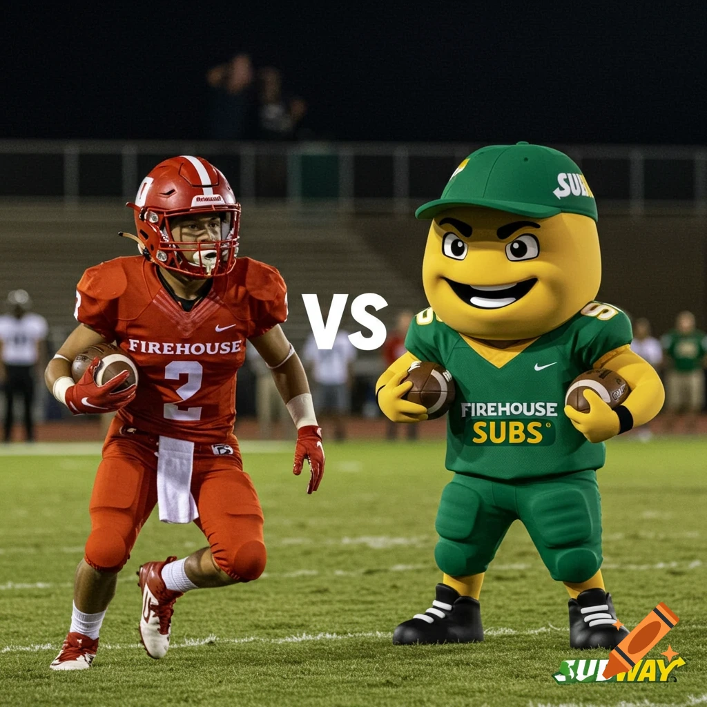 A photorealistic image of a football player in red and a mascot in green facing each other on a football field.