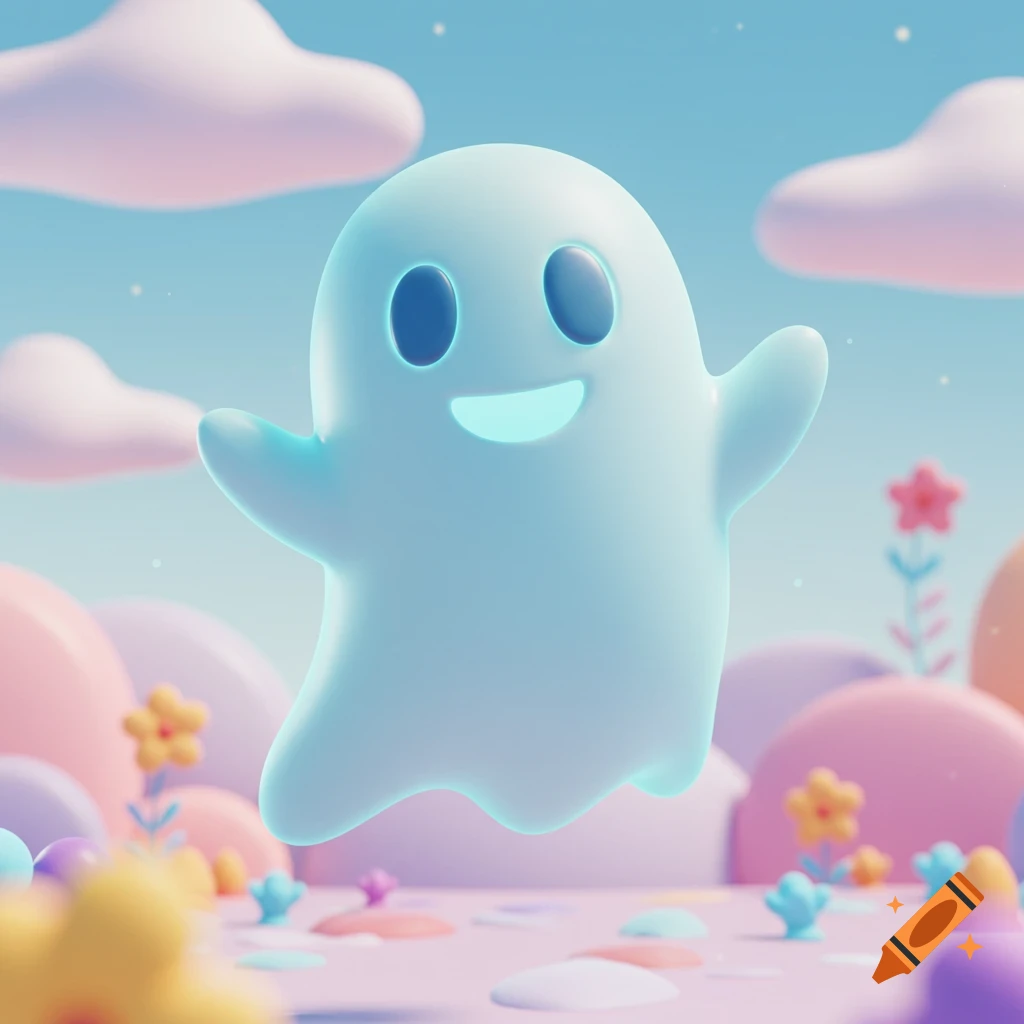 A cute cartoon ghost floats in a pastel landscape with flowers and hills.