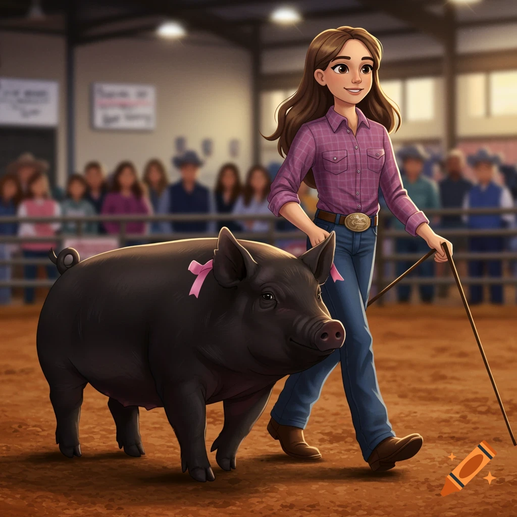 A girl is walking a black pig in an arena with a crowd.