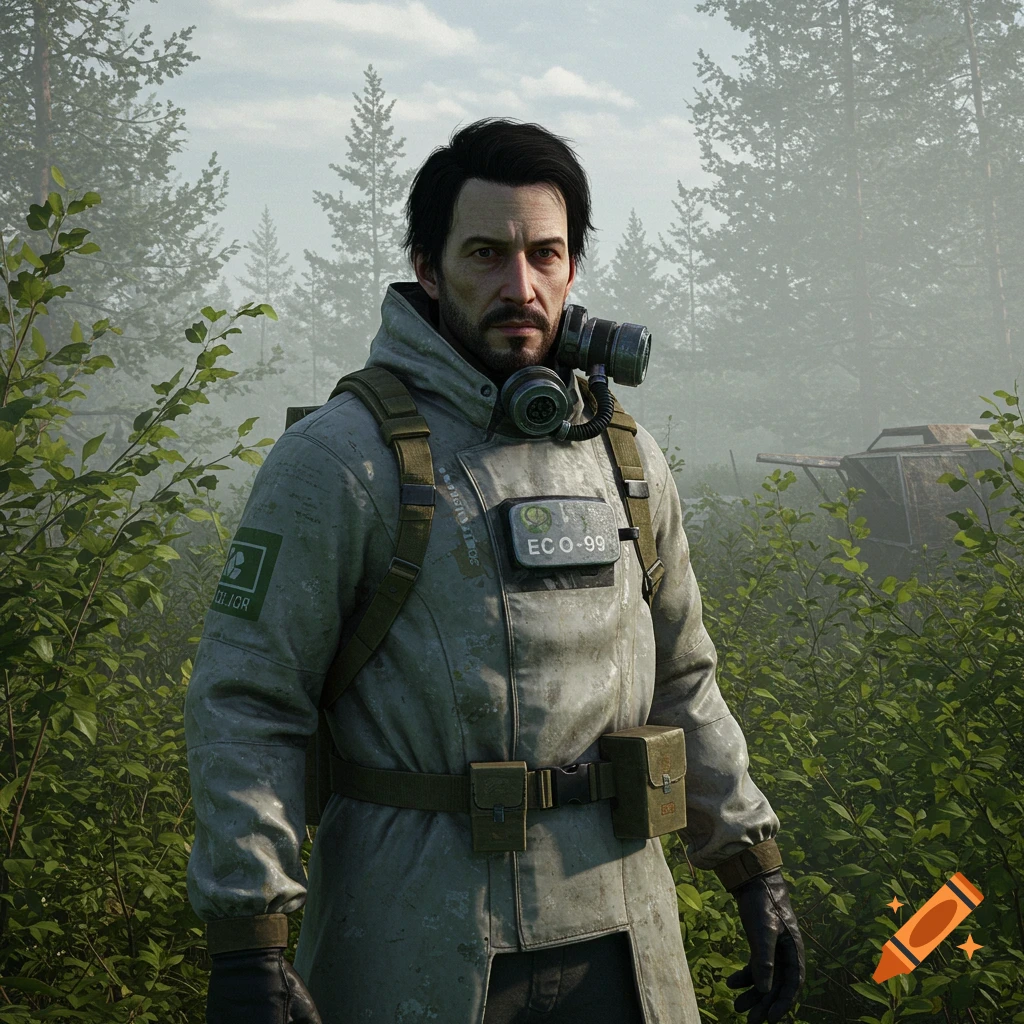 Photorealistic image of a man in a grey suit and gas mask standing in a forest clearing.