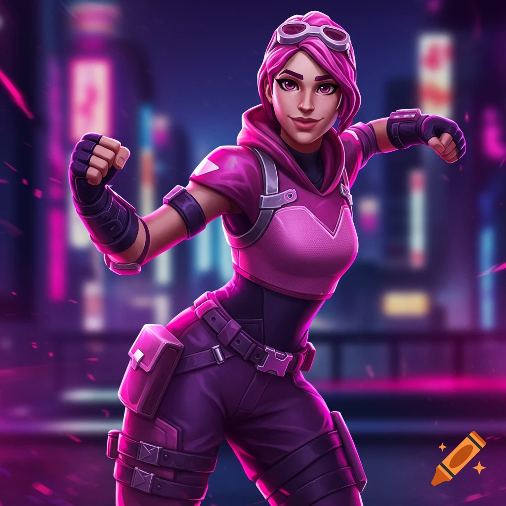 A stylized character with pink hair and goggles in tactical gear stands in a dynamic pose against a neon city background.