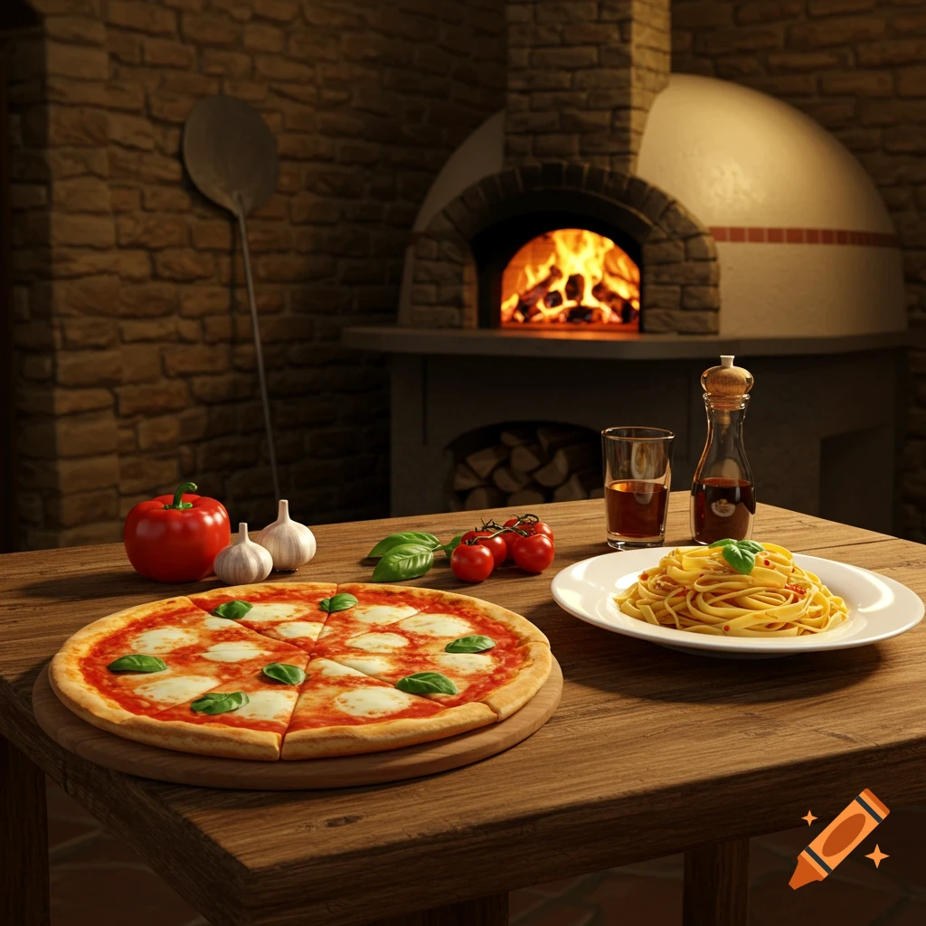 Photorealistic scene of pizza, pasta, and ingredients on a table in front of a wood oven.