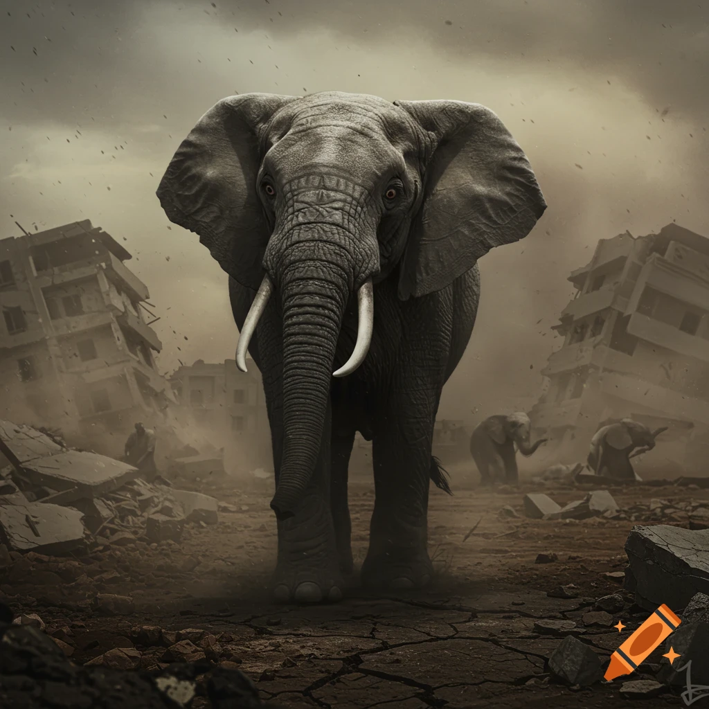 Large elephant stands in foreground of ruined city, with smaller elephants in background. Dramatic scene.