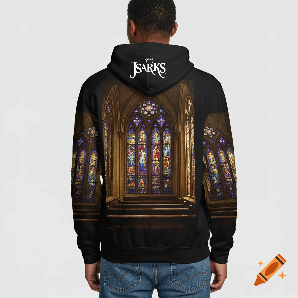 Person from behind wearing black hoodie with stained glass church window design and 'JSarks' text.