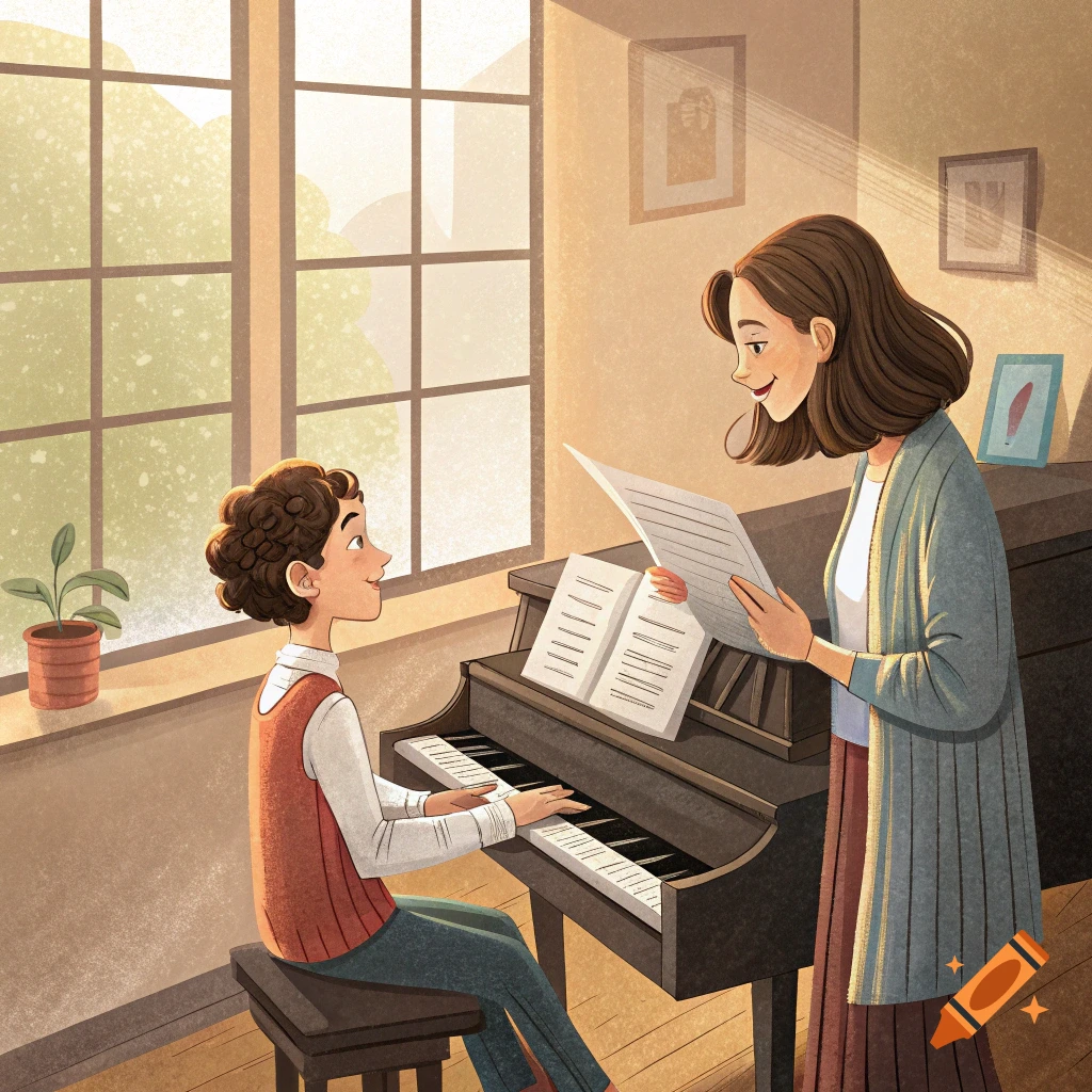 An illustration of a woman teaching a boy at a piano