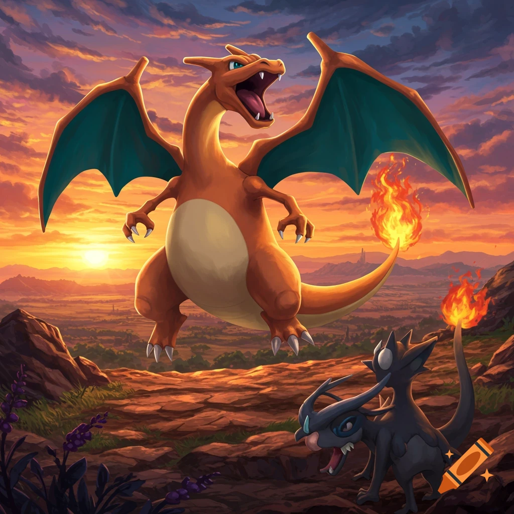 Charizard battles another Pokemon in a vibrant sunset landscape.