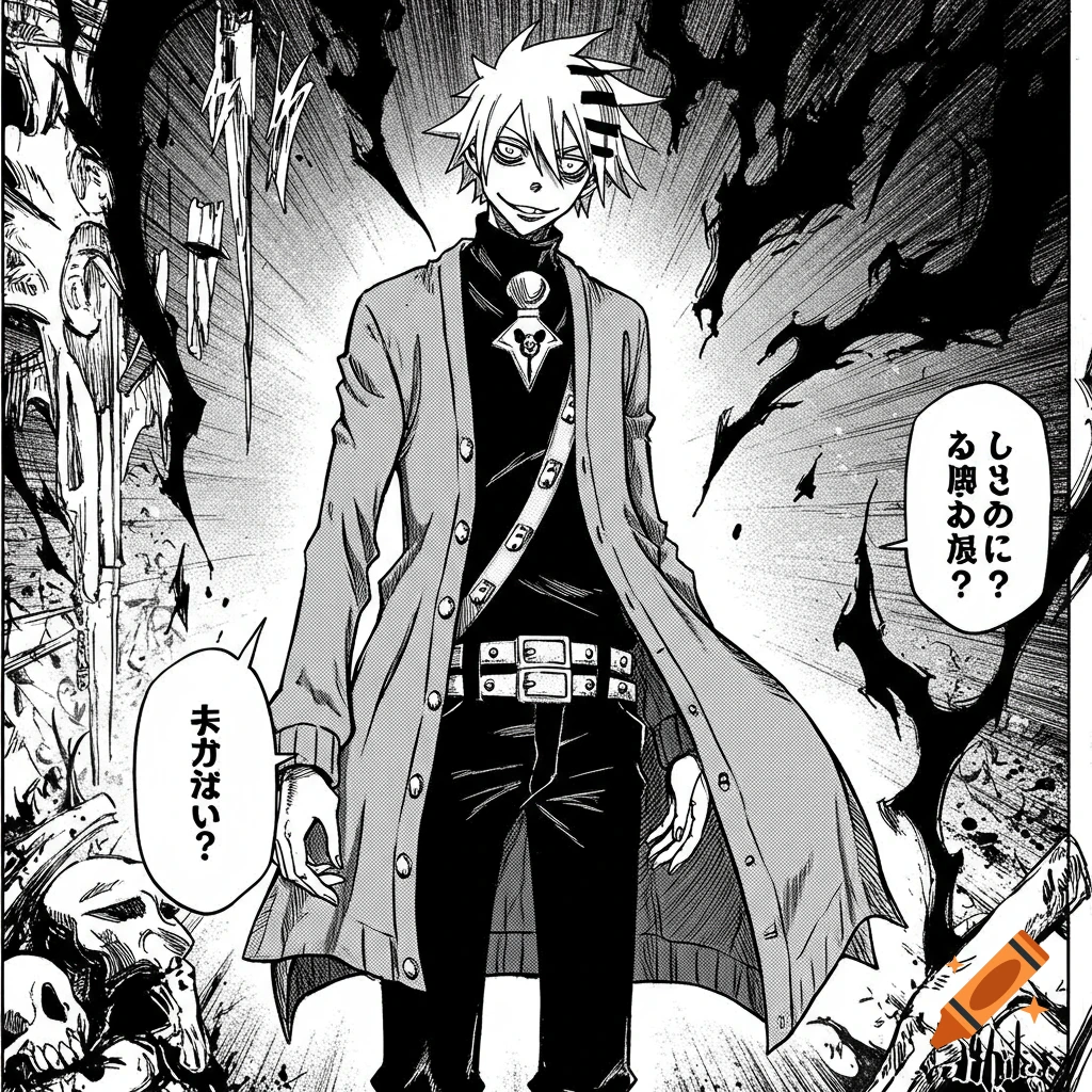Black and white manga illustration of character in coat with dark aura and skulls.