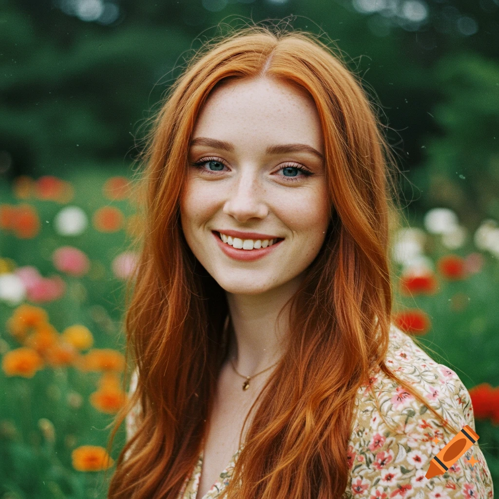 A smiling woman with red hair in a field of flowers
