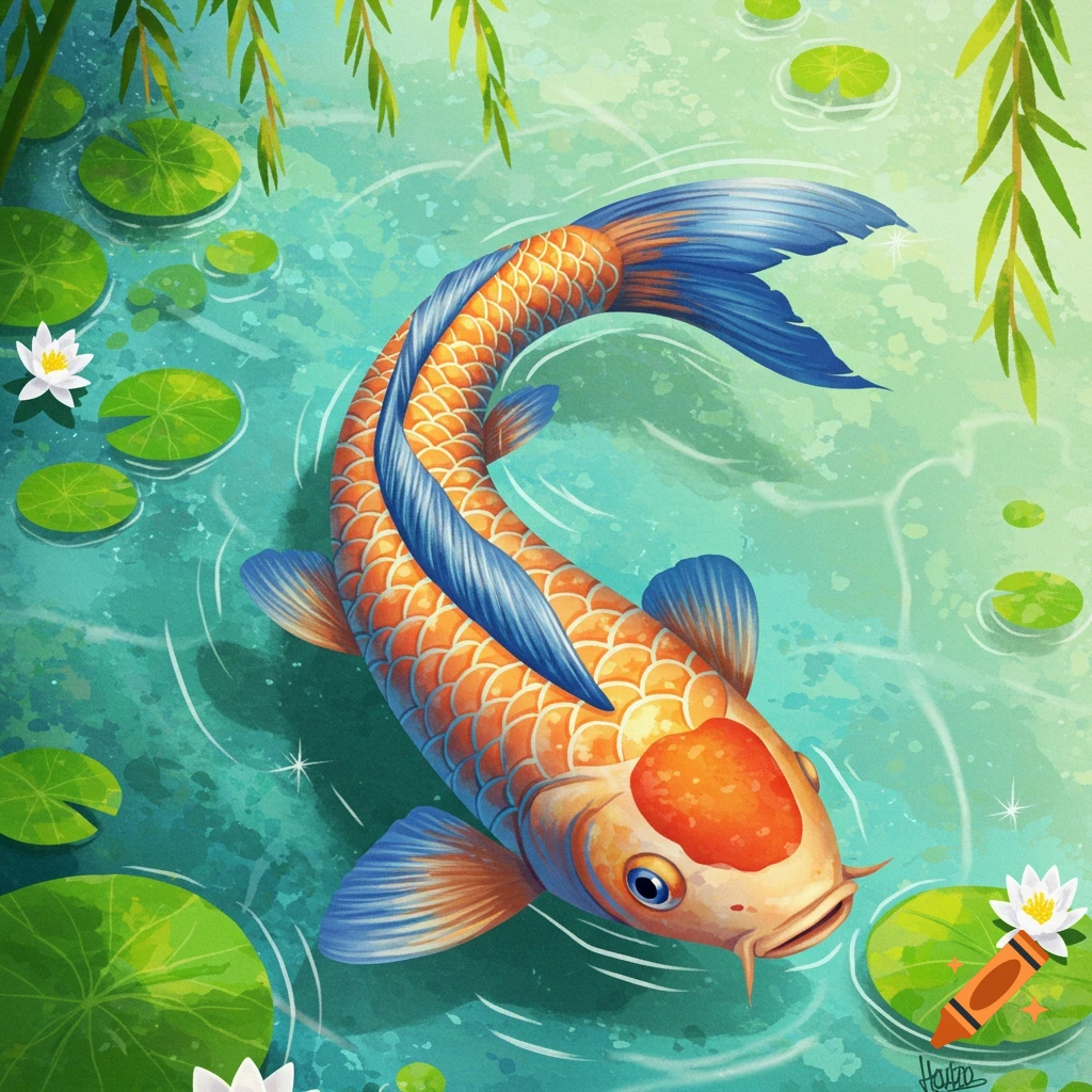 A vibrant orange and blue Koi fish swimming in a pond with lily pads and white water lilies.
