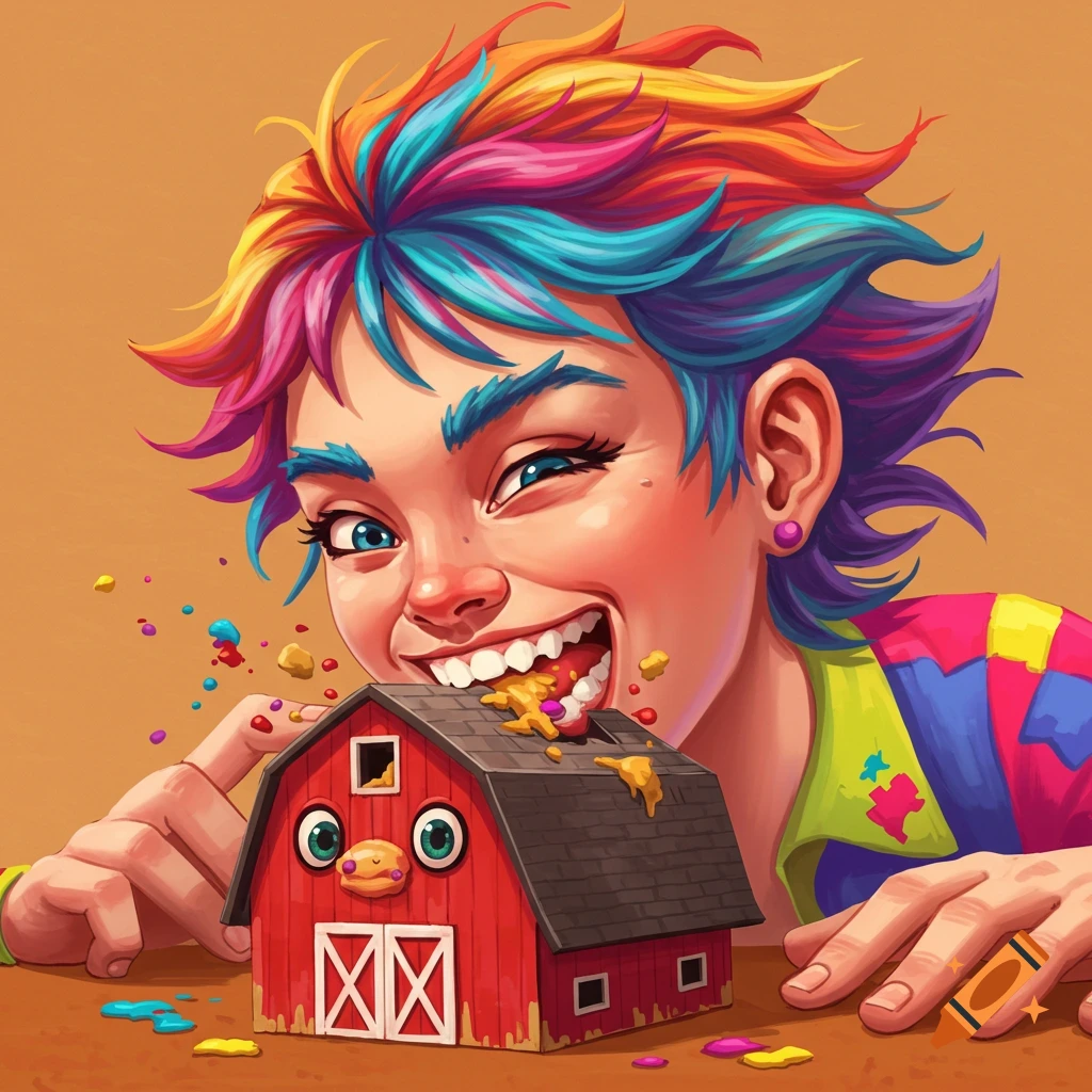 Person with rainbow hair biting into a miniature red barn