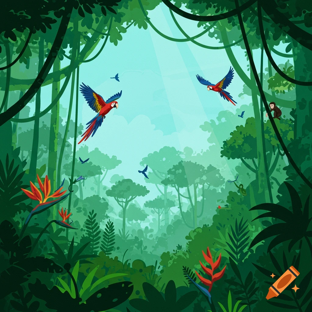A stylized illustration of an Amazon rainforest with trees, vines, two scarlet macaws flying, smaller birds, a monkey, and tropical flowers.
