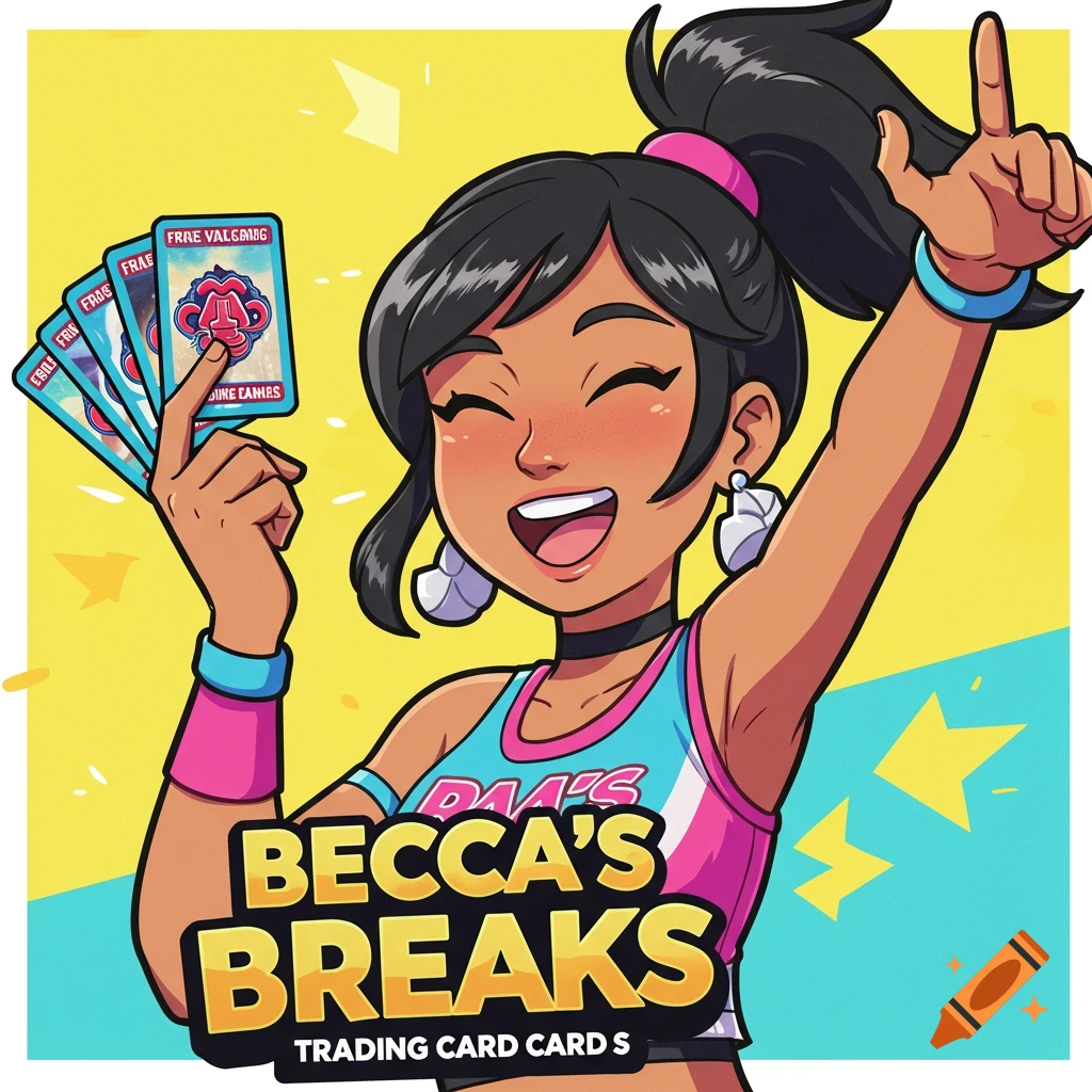Anime style illustration of a person holding trading cards, with the text "BECCA'S BREAKS TRADING CARD CARDS".