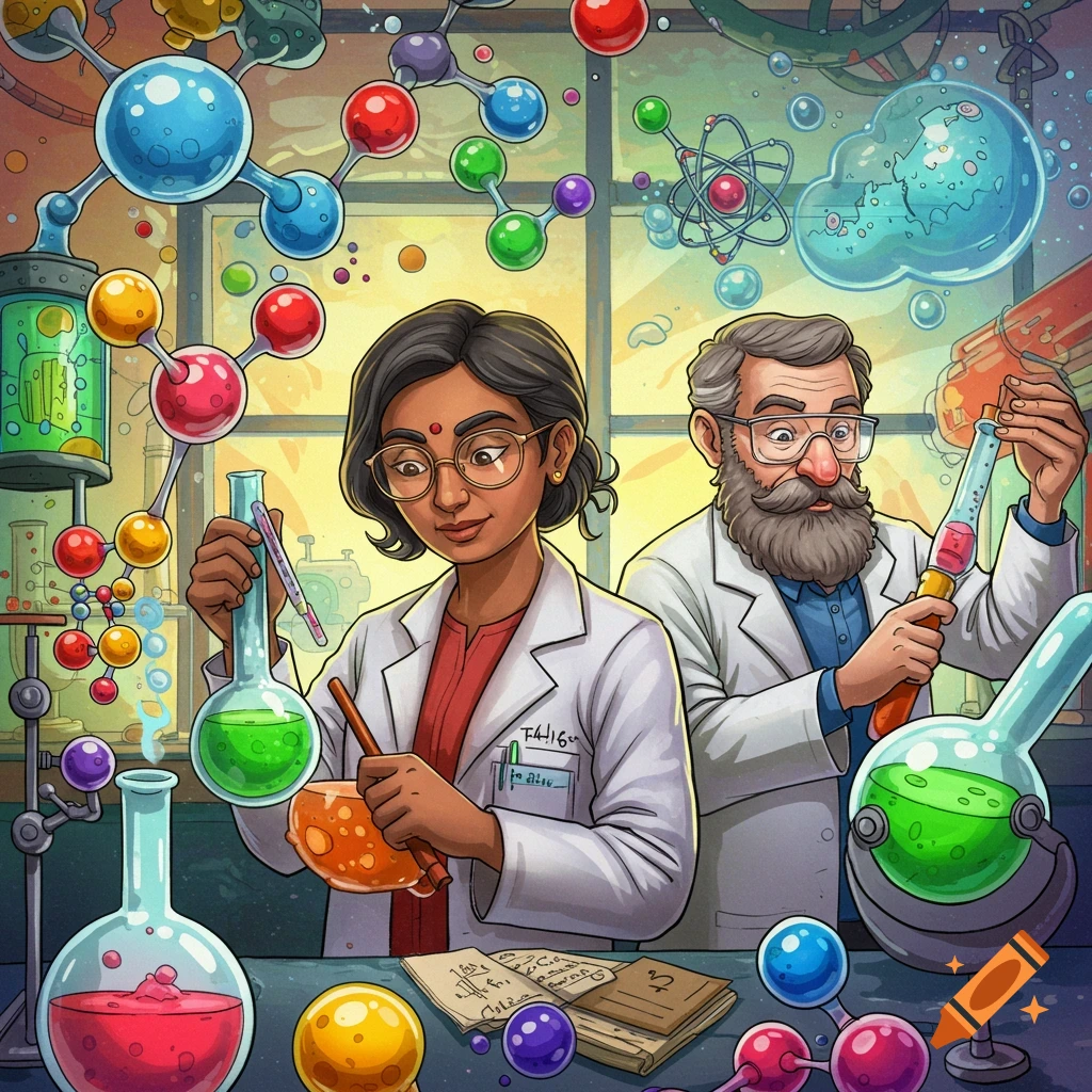 Scientists are working in a lab with molecules and equipment.