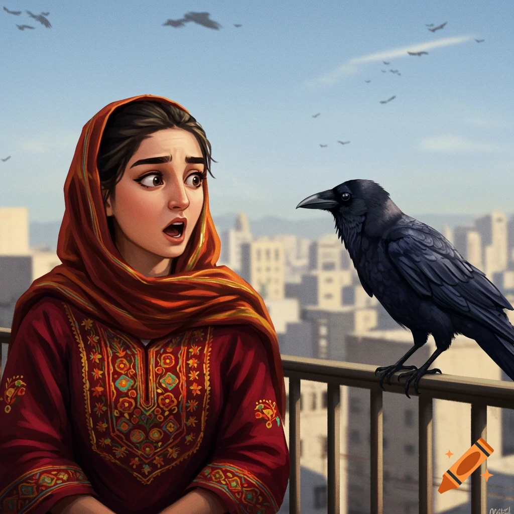 Surprised woman in traditional clothing looks at a crow on a balcony over a city.