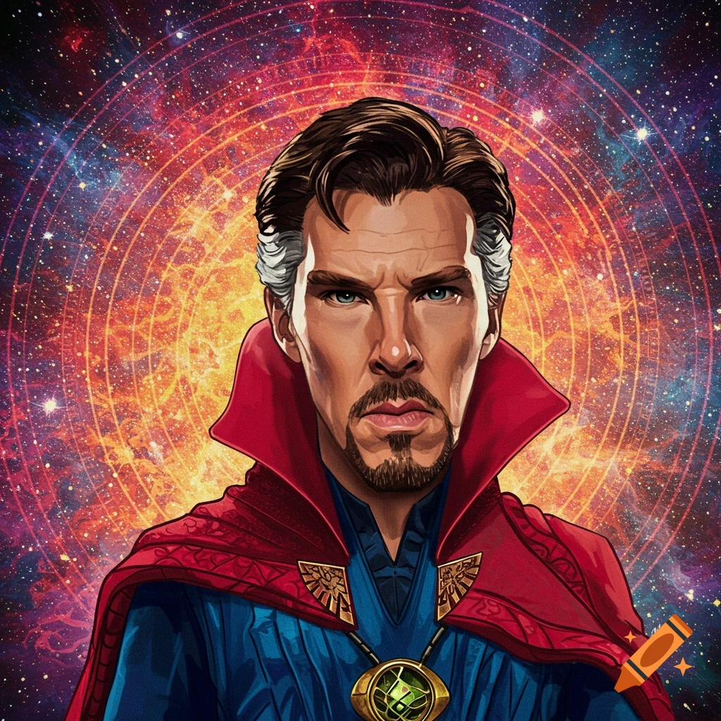Doctor Strange in his cape against a swirling cosmic background.