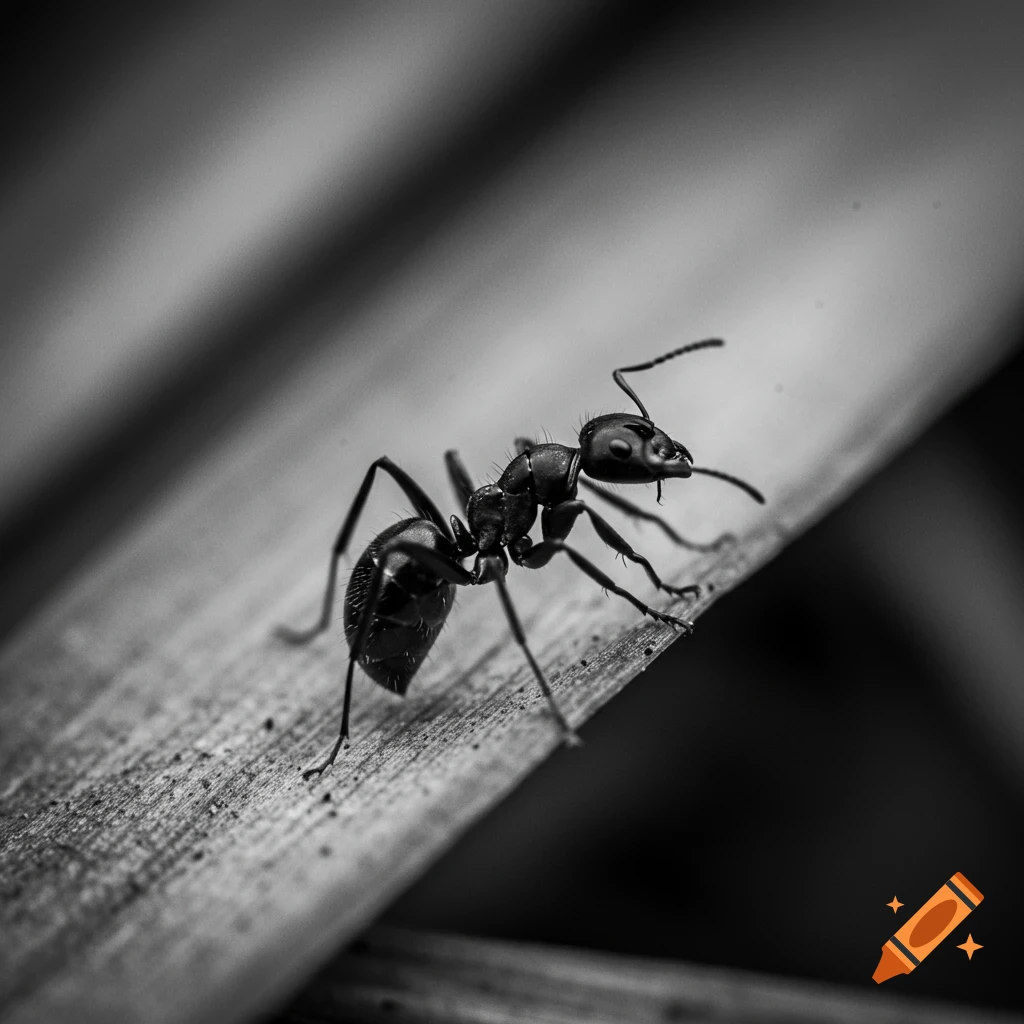 Black and white macro close-up of an ant on a surface.