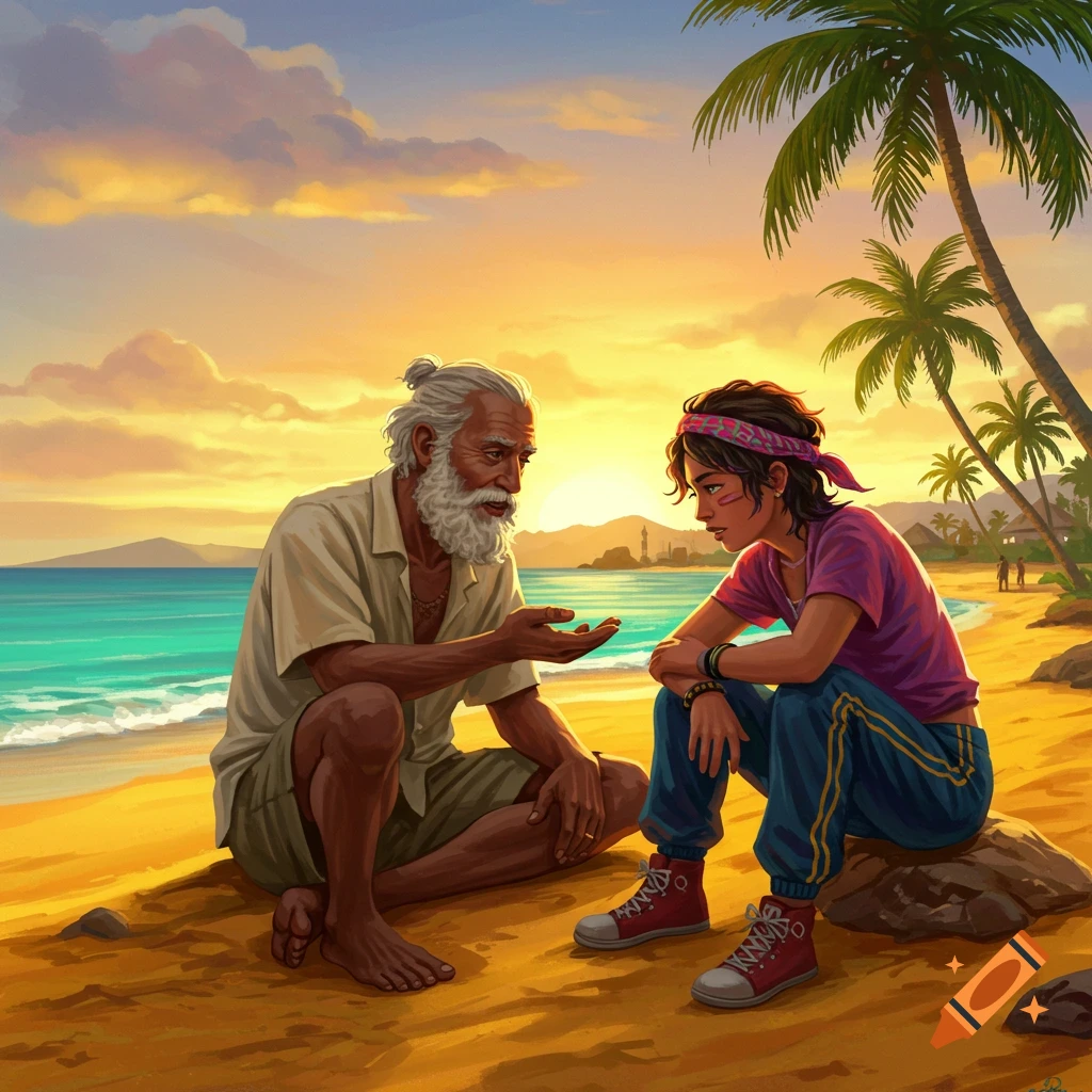 An older man and a young person talking on a sandy beach at sunset.