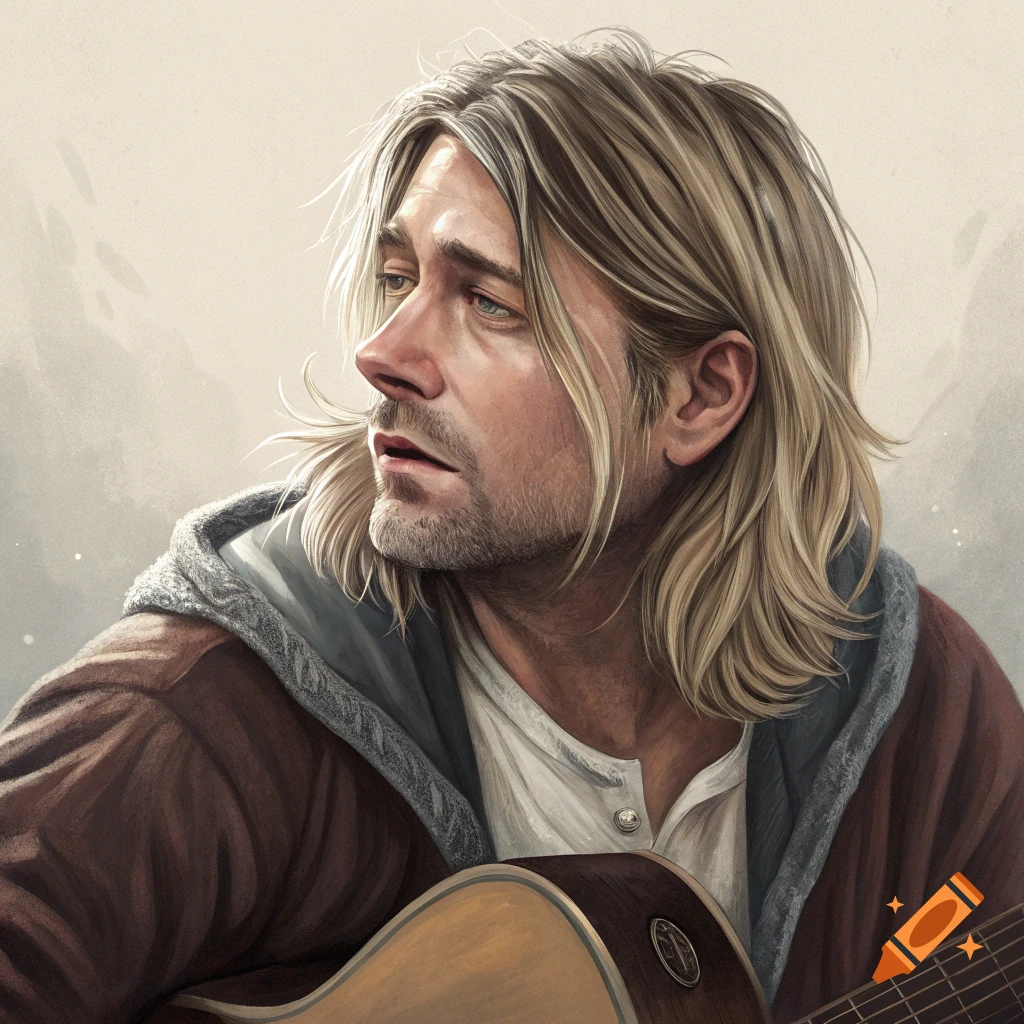 Portrait of a man resembling Kurt Cobain playing an acoustic guitar.