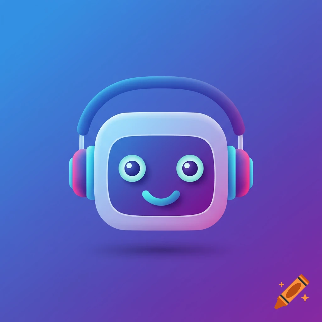 A smiling robot head icon wearing headphones on a gradient background.