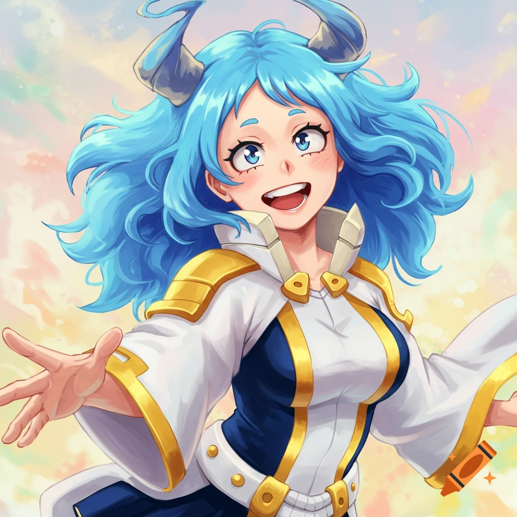 Anime of a smiling girl with blue hair and horns, arms outstretched.