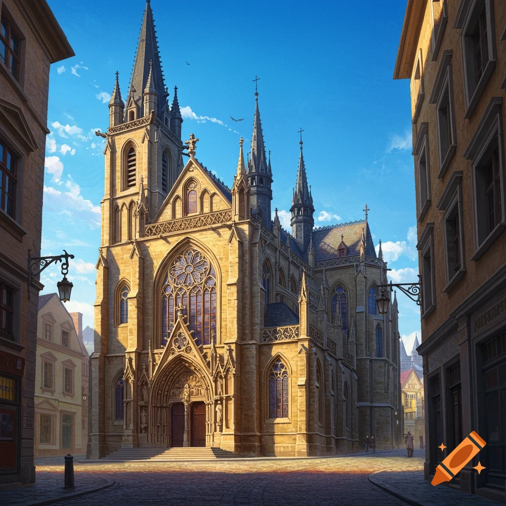 An intricate gothic church on a cobblestone street in a city.