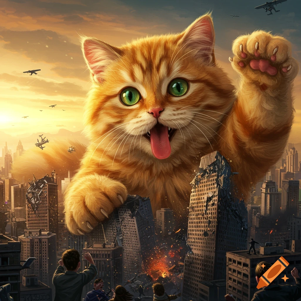 Giant orange cat looms over a city with buildings crumbling