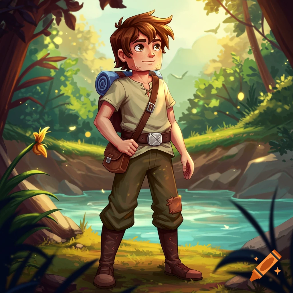 Young adventurer boy with a backpack standing by a river in a lush forest.