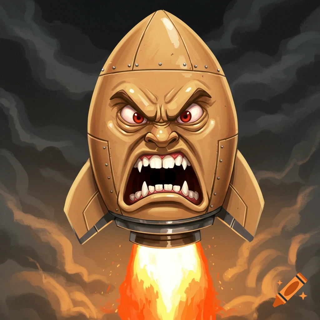 An angry cartoon rocket launching with fire and smoke.