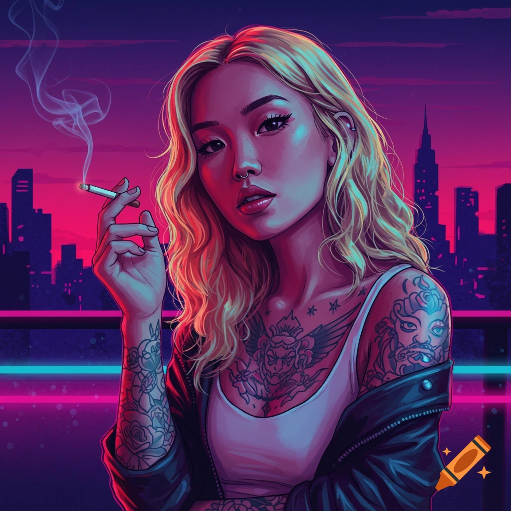 A blonde woman with tattoos is smoking on a rooftop. The city skyline is visible behind her, illuminated by neon lights.