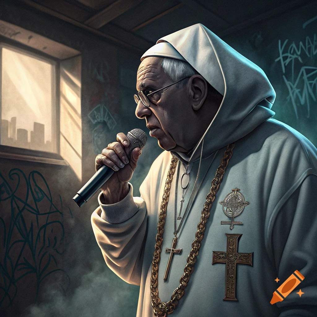 Pope Francis dressed as a rapper holding a microphone in a gritty urban setting.