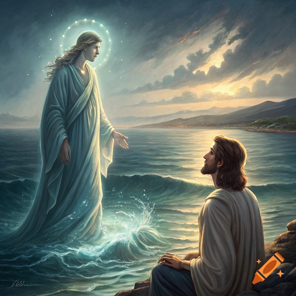 A glowing figure walks on water towards a person kneeling on rocks by the shore at sunset.