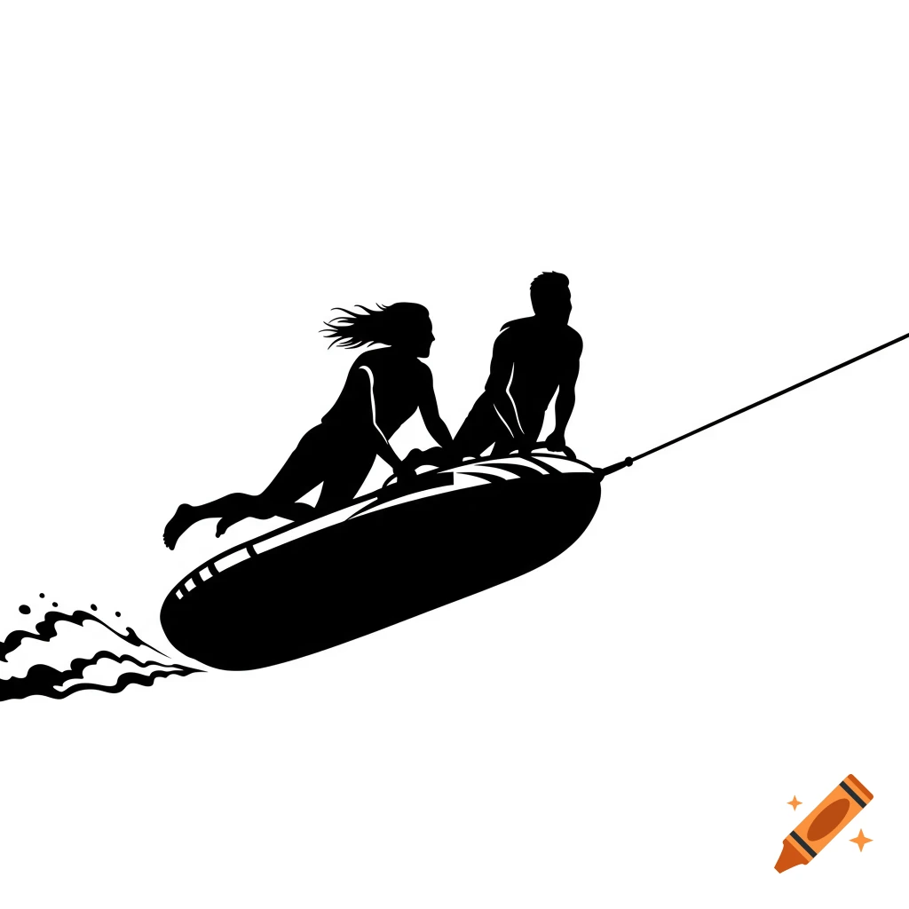 Vector silhouette of two people riding a towable tube, splashing water