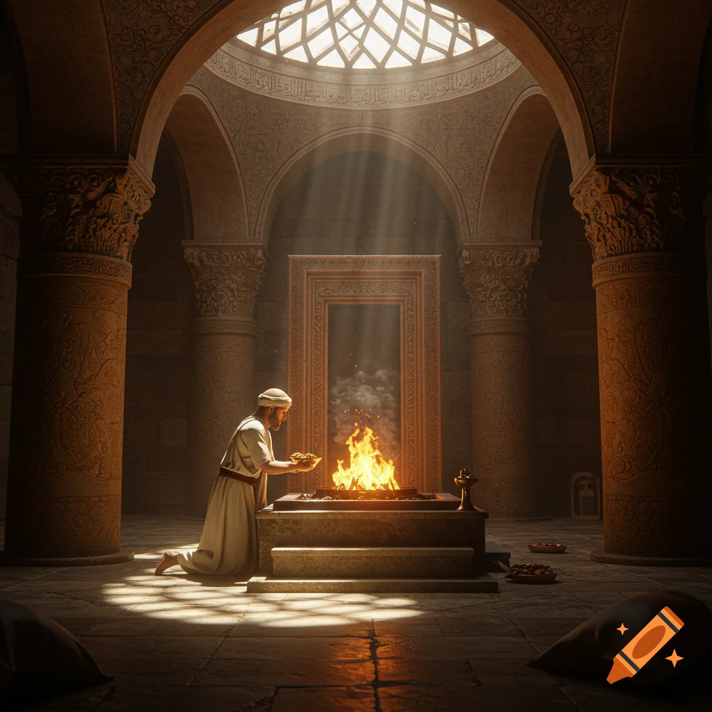 A person kneels before a fire altar, offering items in an ancient temple with decorated pillars and a domed skylight.