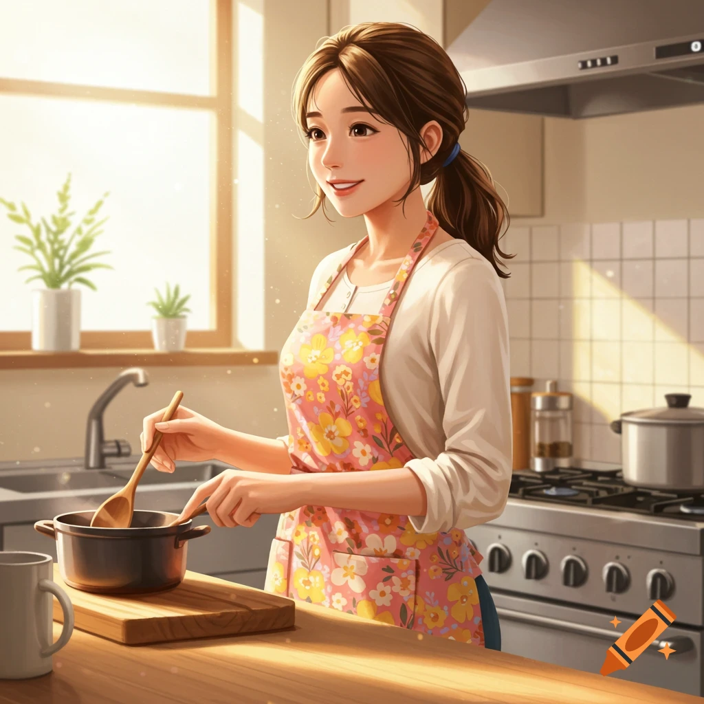 A woman in an apron stirring a pot in a bright kitchen.