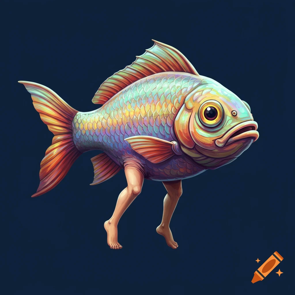 A colorful fish with human legs stands on a dark background.
