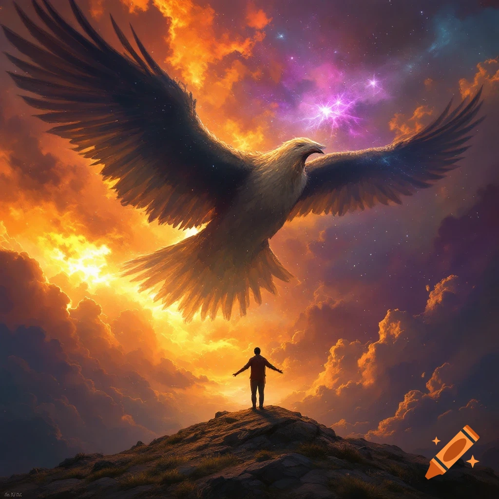 A person on a hill looking up at a giant eagle in a dramatic sky with orange clouds and purple stars.