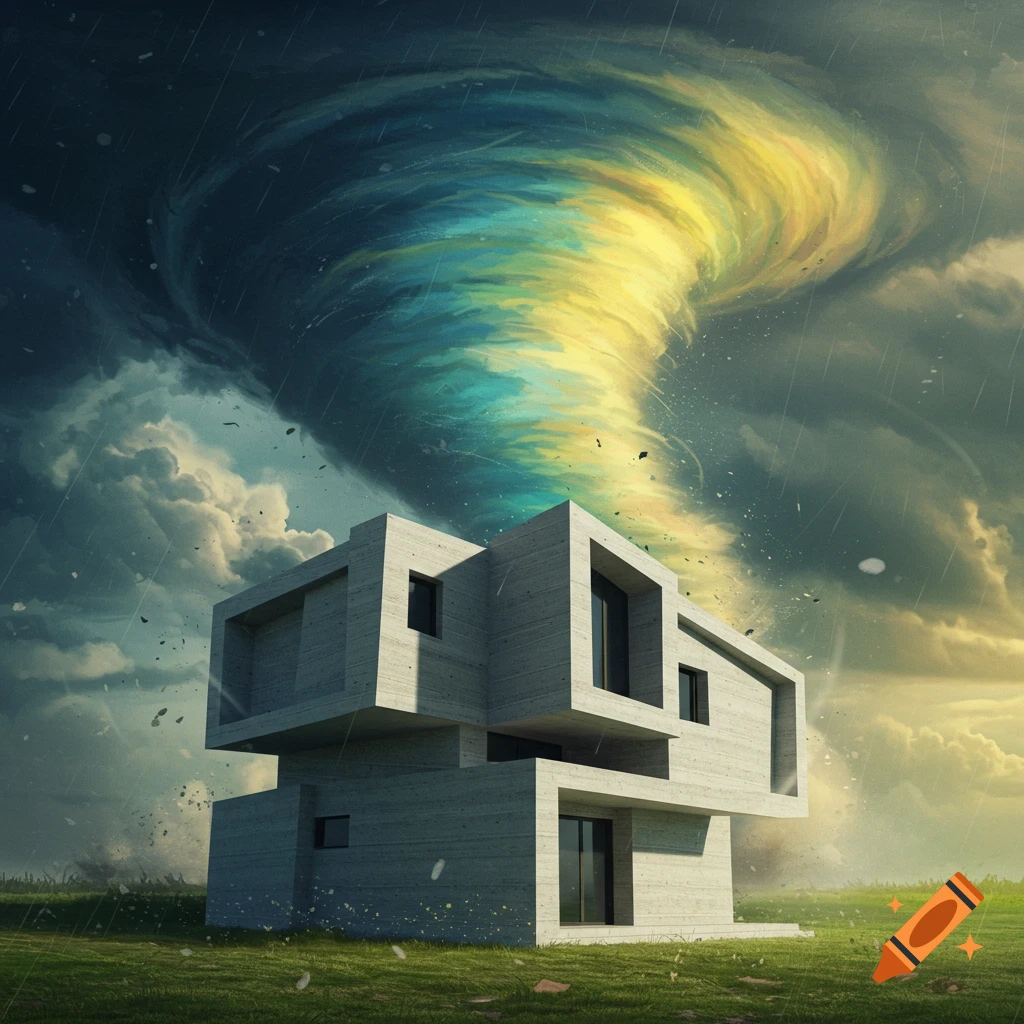 A modern concrete house in a grassy field under a large, colorful tornado.