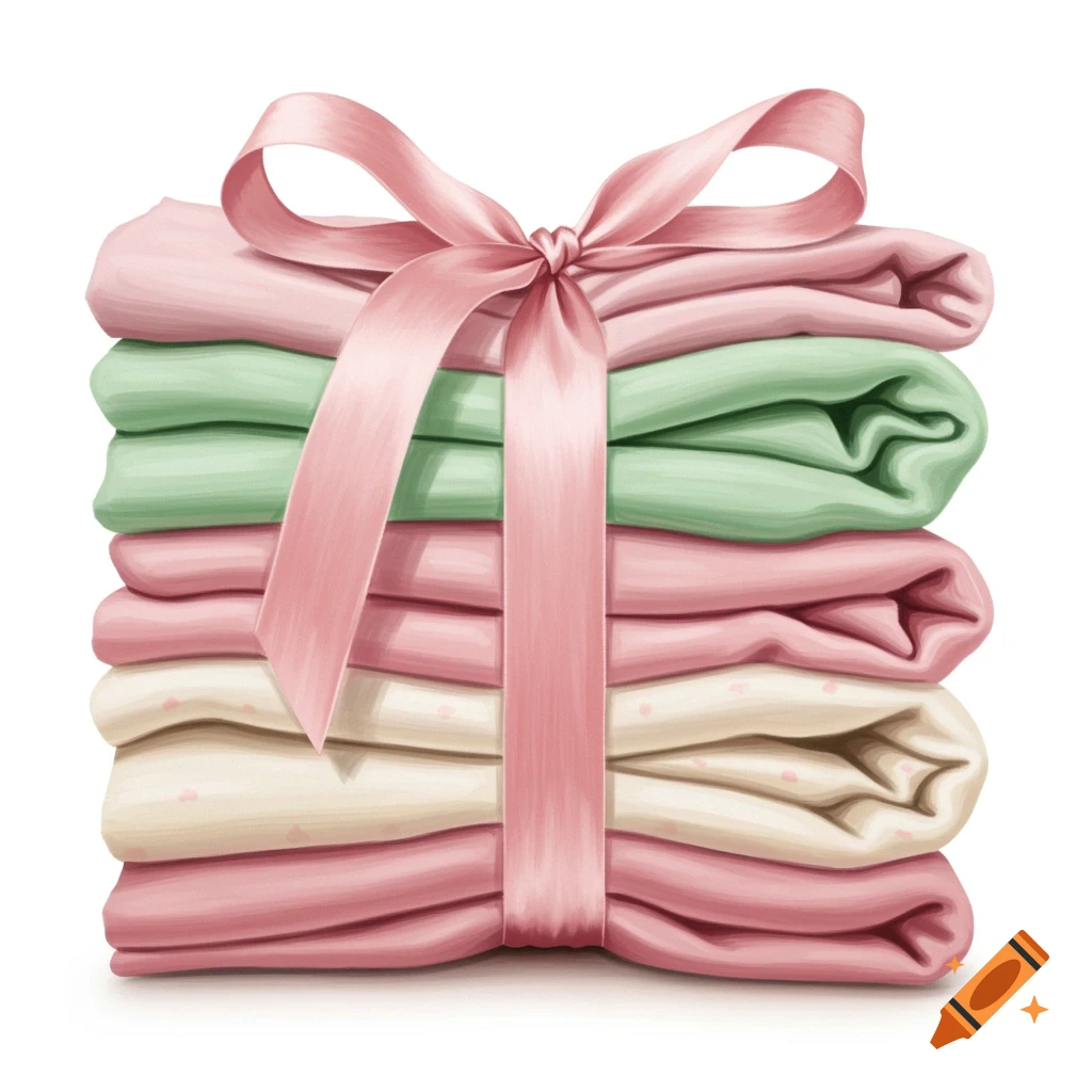 Stack of pink, green, and cream fabrics or baby clothes tied with a pink ribbon.