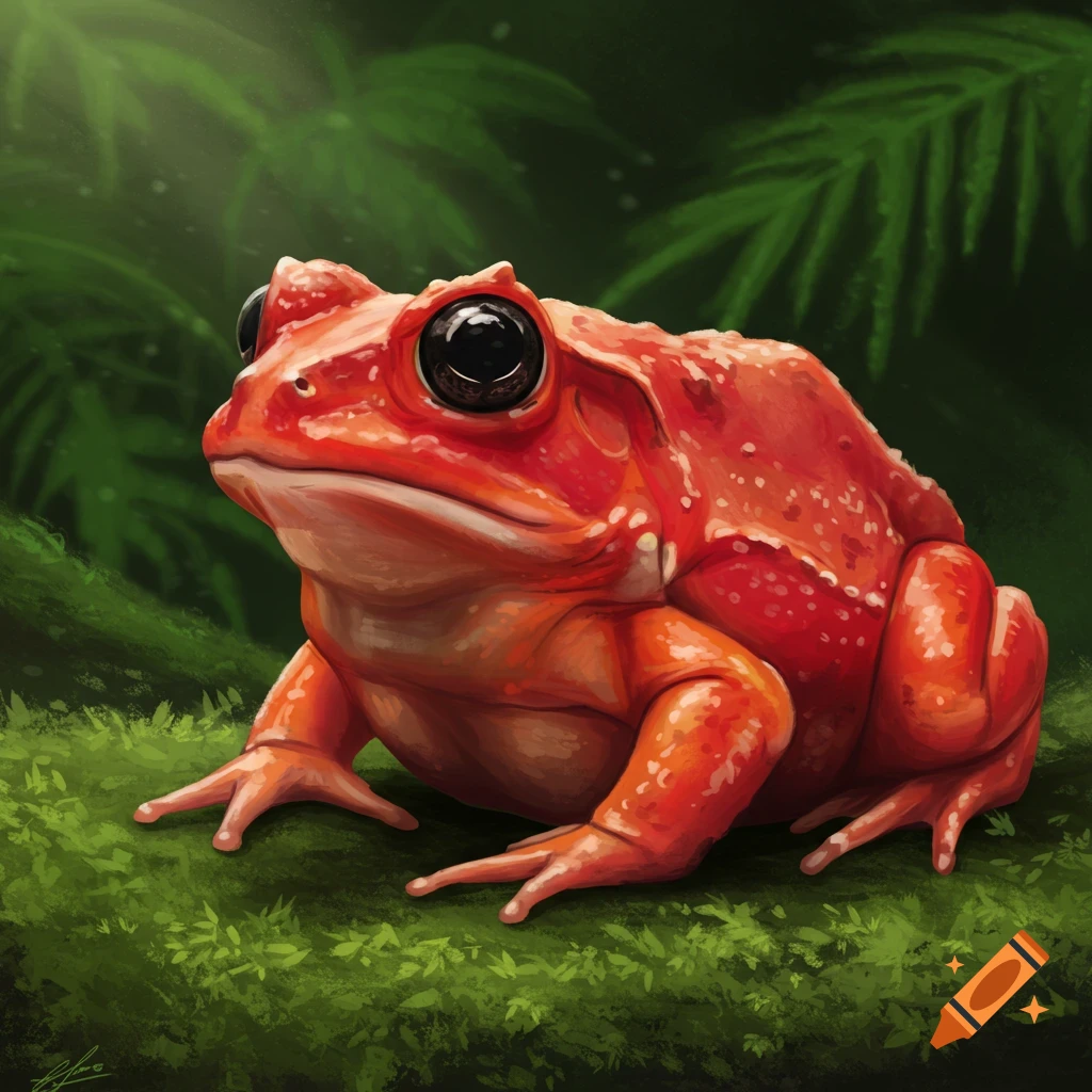 A red frog sits on moss in a forest.