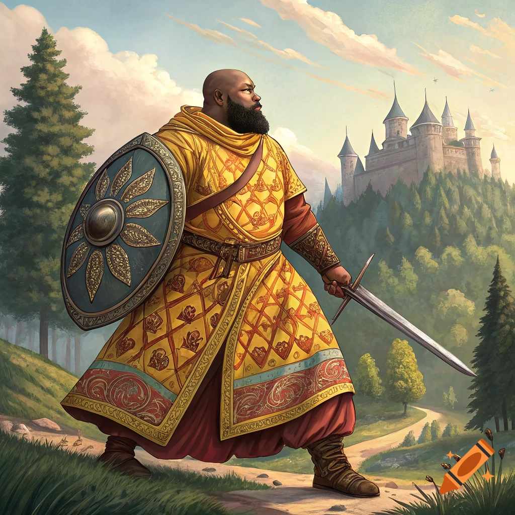 A fantasy warrior in ornate yellow clothing stands with a sword and shield on a path, looking towards a distant castle.