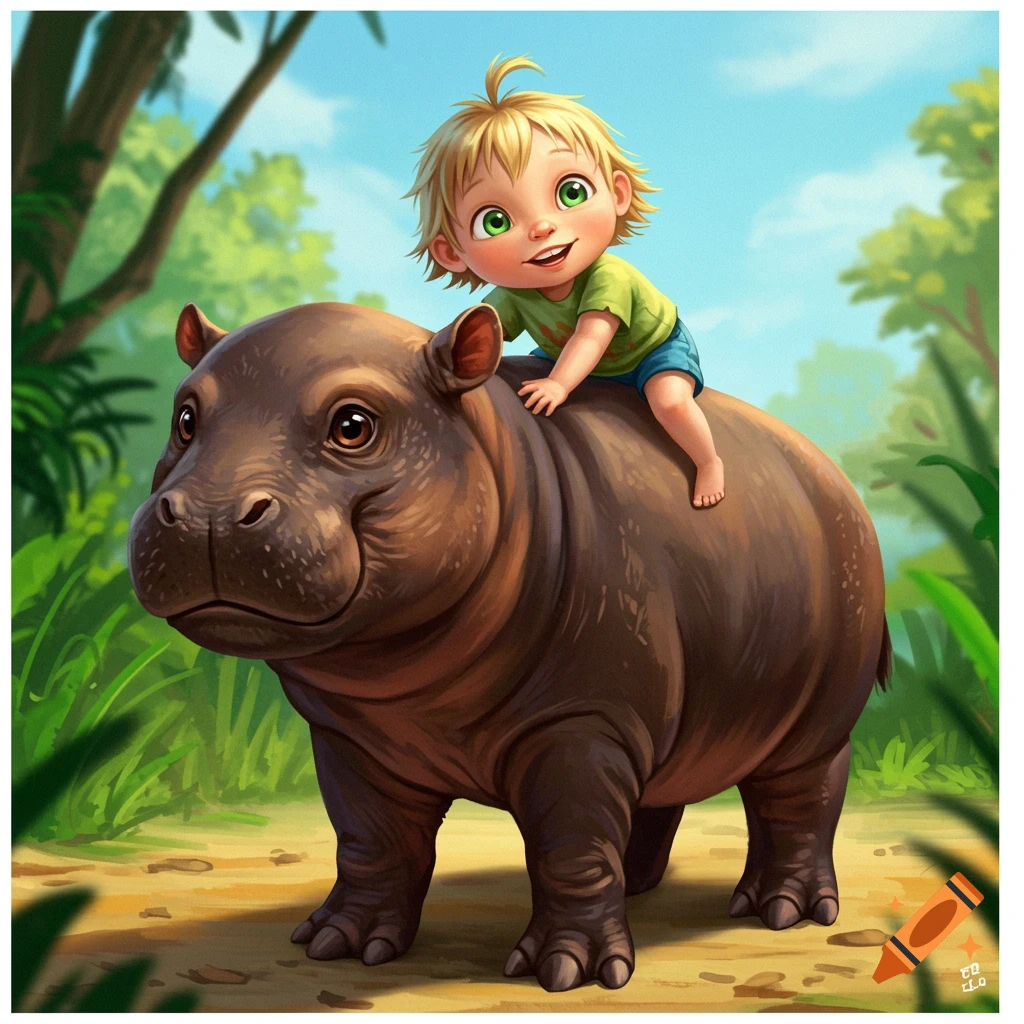 Illustration of a cheerful child riding a baby hippo in a jungle clearing.